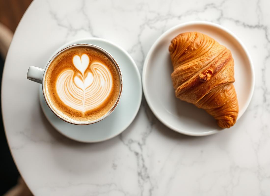 Flat white coffee and croissant on marble