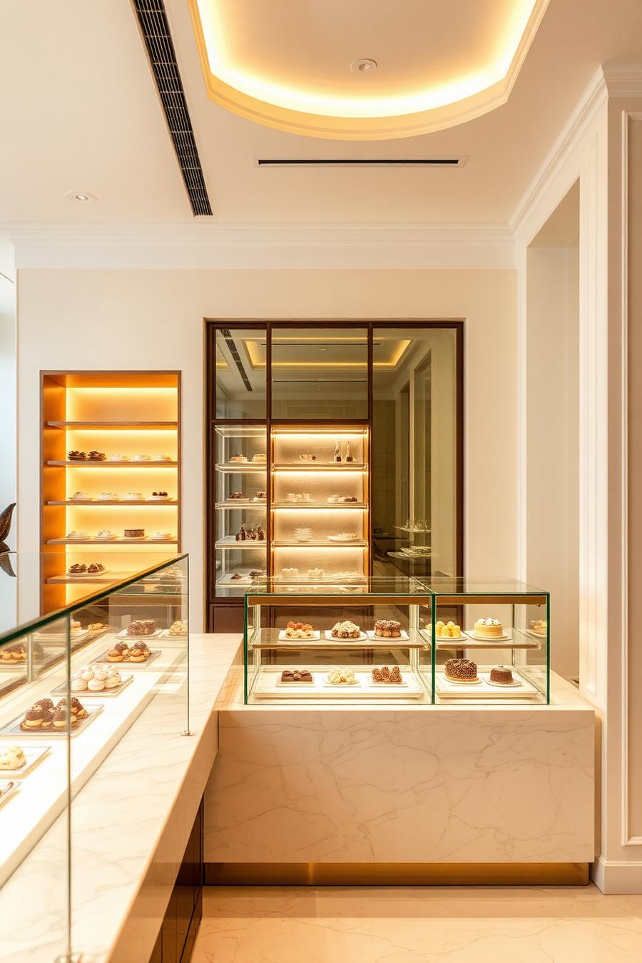 Boutique patisserie interior with backlit displays