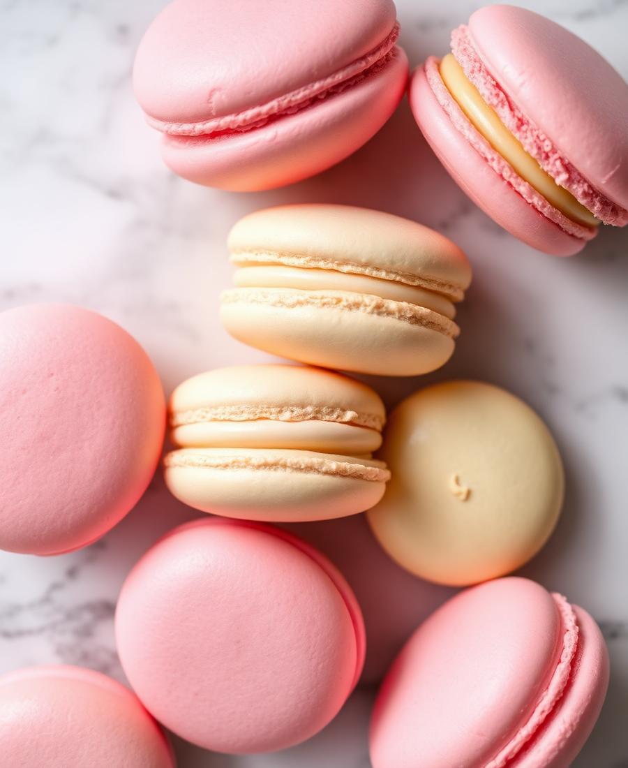 Pastel macarons on marble